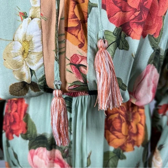Farm Rio Marilla Maxi Dress Women's Small Floral Flowy Tie Back Tassel V-Neck - Picture 6 of 11